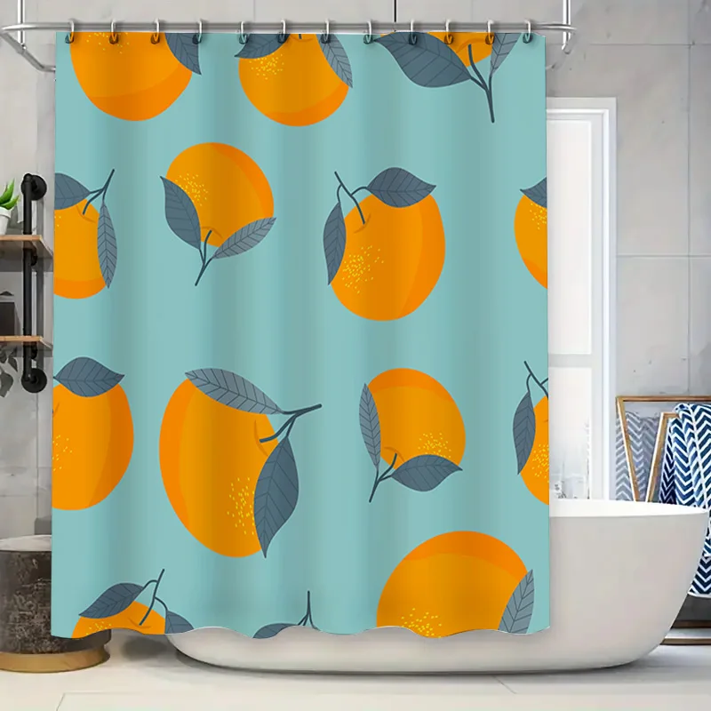 

Refreshing Orange Shower Curtain with Leaf Design Blue Background for Bathroom Decorations