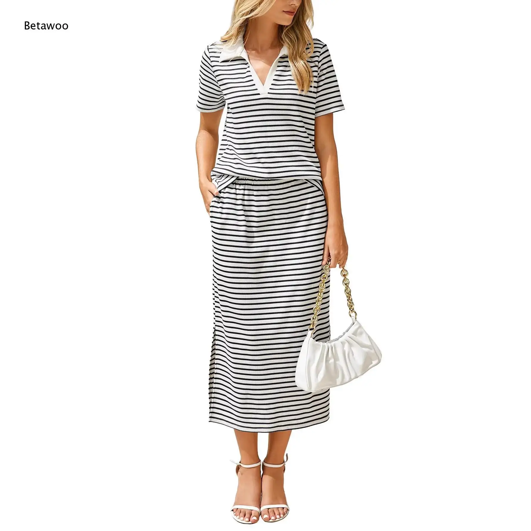 Women Horizontal Striped Co Ord Set Collar V Neck Short Sleeve T Shirt High Waist Split Skirt Loose Casual Two Piece Outfit