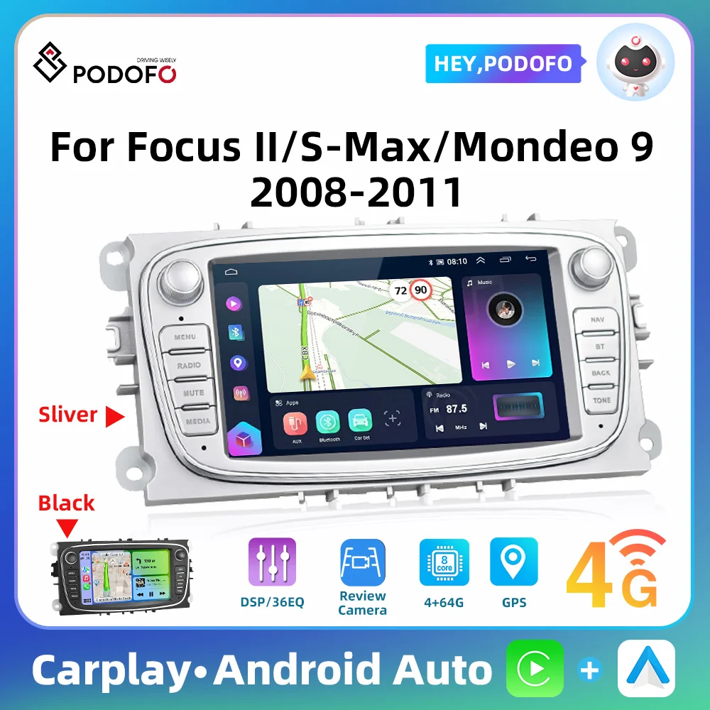 Podofo 7'' Carplay Car Radio Stereo For Ford Focus Mondeo C-MAX S-MAX Galaxy Kuga Android Auto GPS Navigation BT DSP Car Radio