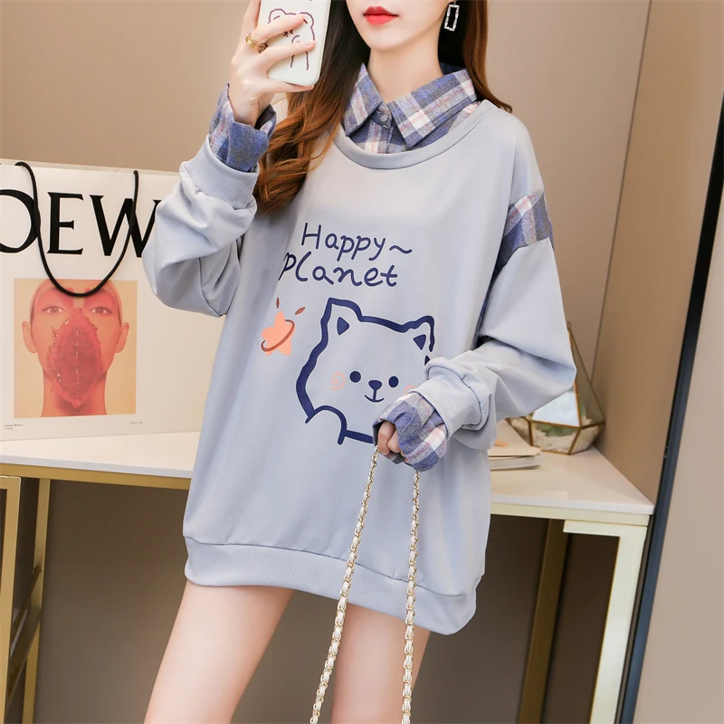 

Hooded Sweatshirts Women Streetwear Hot Letter Tide Solid Casual Thin Long Sleeve Fake Two Piece Loose All Match Pullover Tops