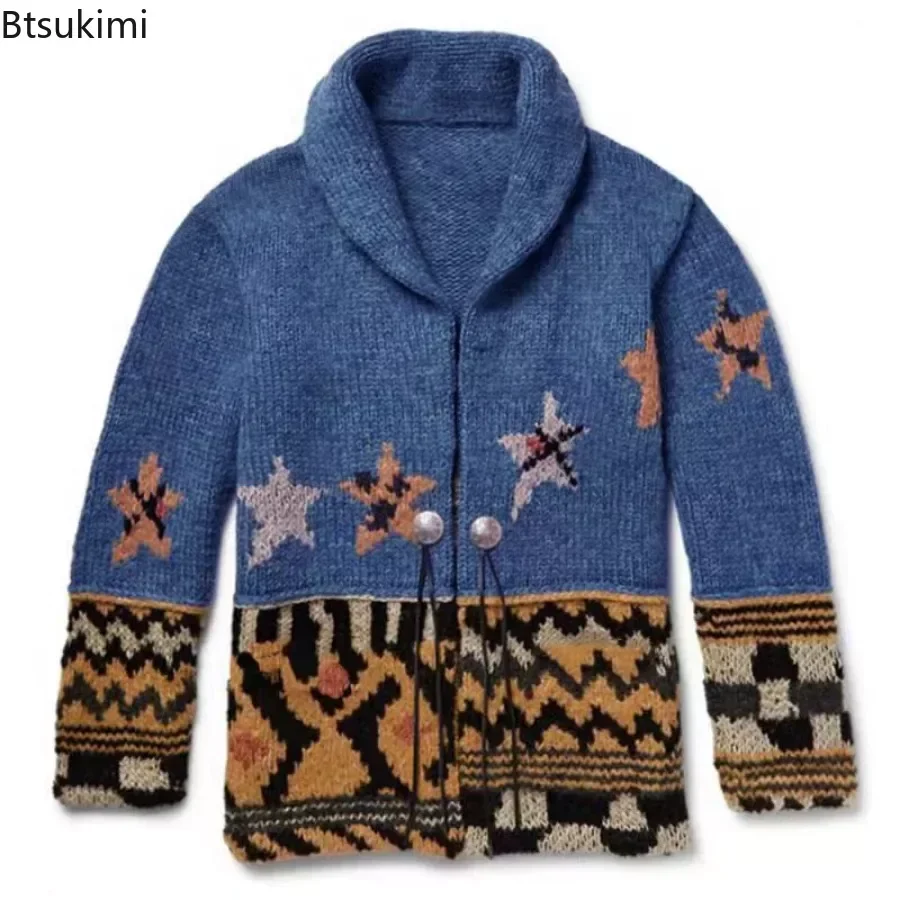 

2025 Men's Vintage Pattern Printed Knitted Sweater Cardigan Jacket Autumn Winter Lapel One Button Coat Jacket Male Knitted Coats