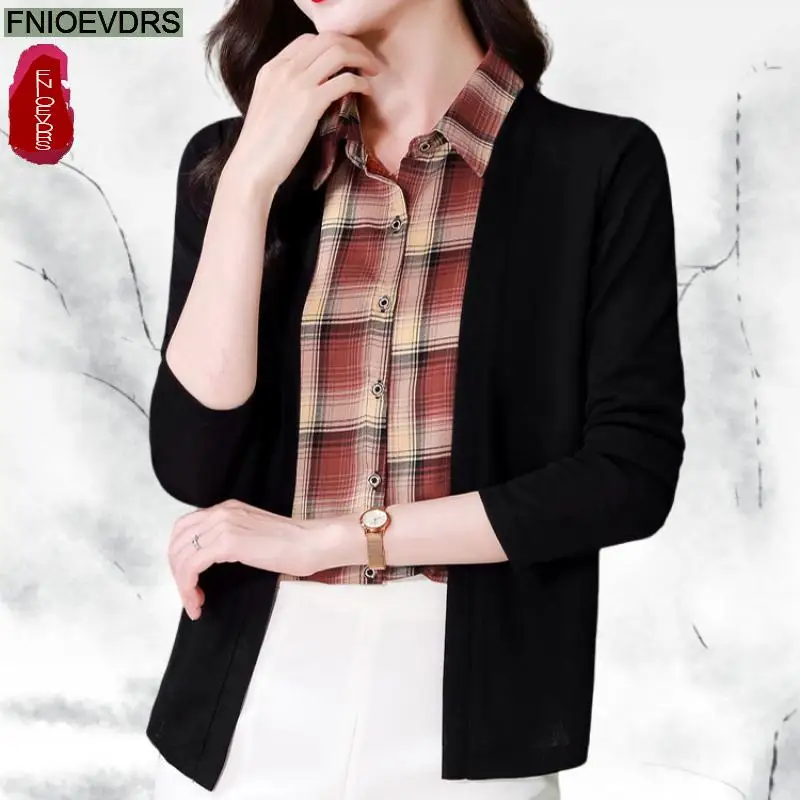 

Fake Two Piece Office Red Plaid Shirts Basic Wear New 2025 Women Long Sleeve Elegant Fashion Work Lady Retro Vintage Blouses
