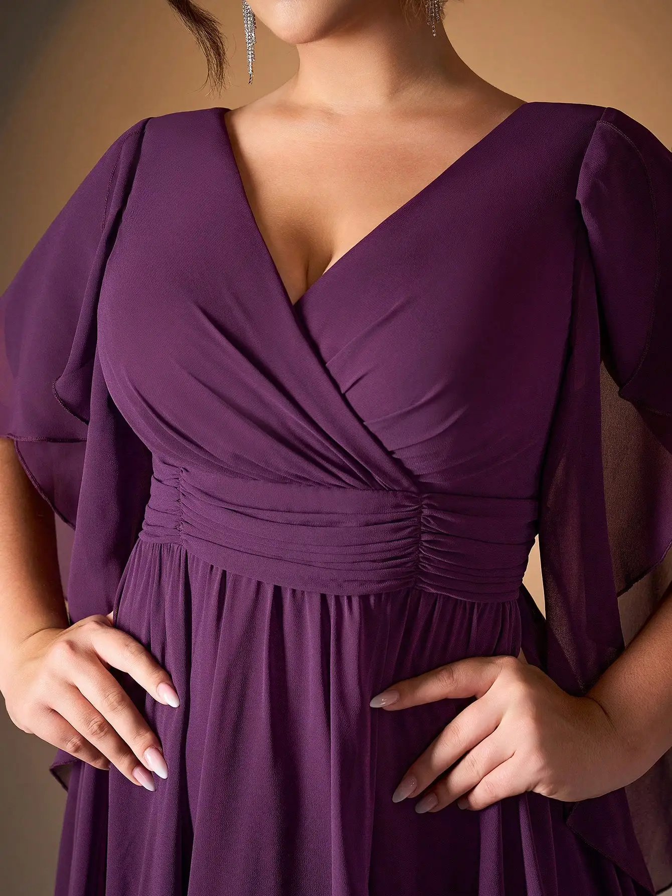 Mgiacyvネックパールシフォンイレギュラースリーブ、フロントが短く、バックが長い裾のハイエンドイブニングドレス