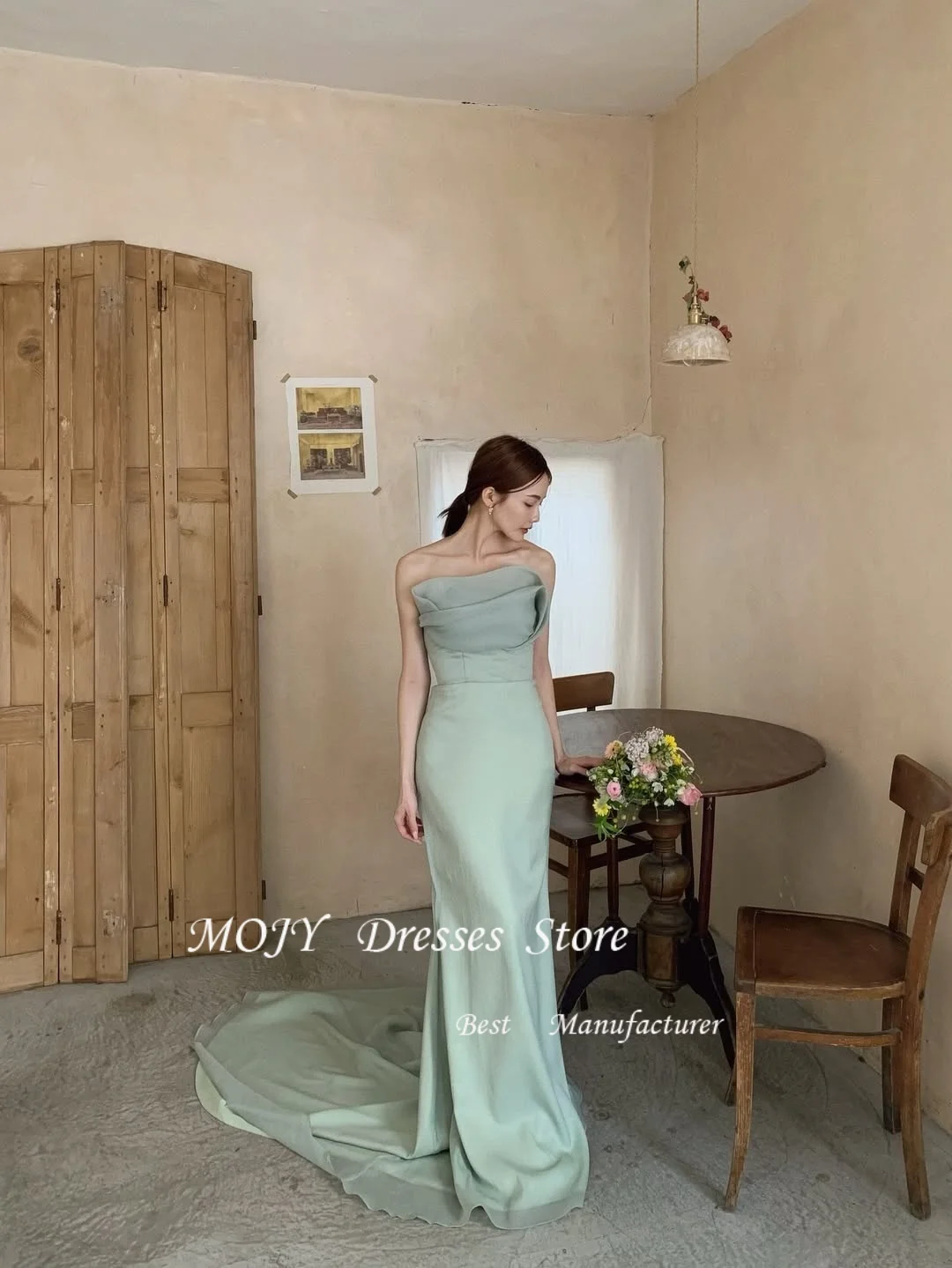 Mojy  Light Green Korea Wedding Dress Photo Shoot Strapless Floor Length Prom Gowns Vestidos Customized 웨딩드레스 Strapless