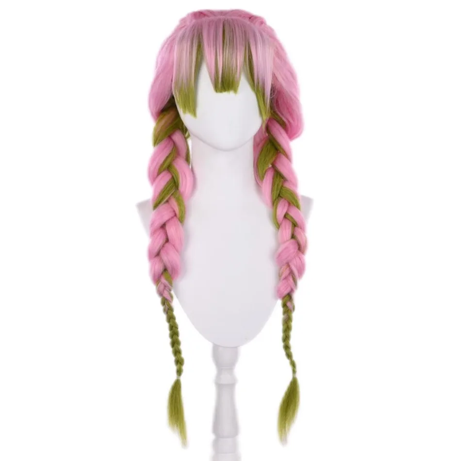 Lolita Girls Anime Mitsuri Kanroji Cosplay Wig Long Pink Green Braid Heat Resistant Hair Authentic Cosplay Wigs Halloween COS