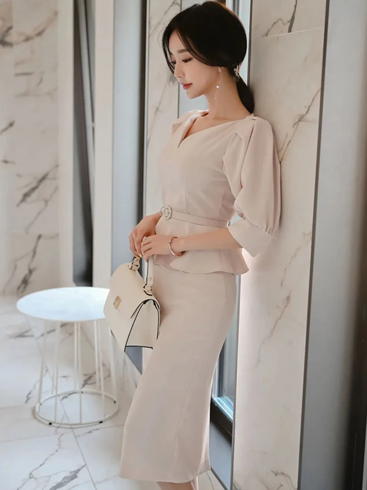Elegant Office Lady Dress Korean Edition Fashionable Solid Color Puff Sleeves V-Neck High Waist Belt Professional Party Dress image 4