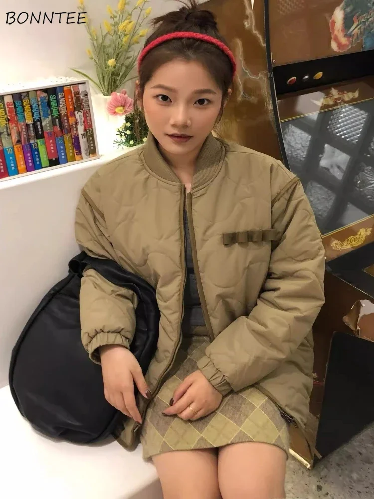 

Parkas Women O-neck American Vintage Solid Jacquard Simple Students All-match Prevalent Winter Daily Unisex Couples Warm Coats