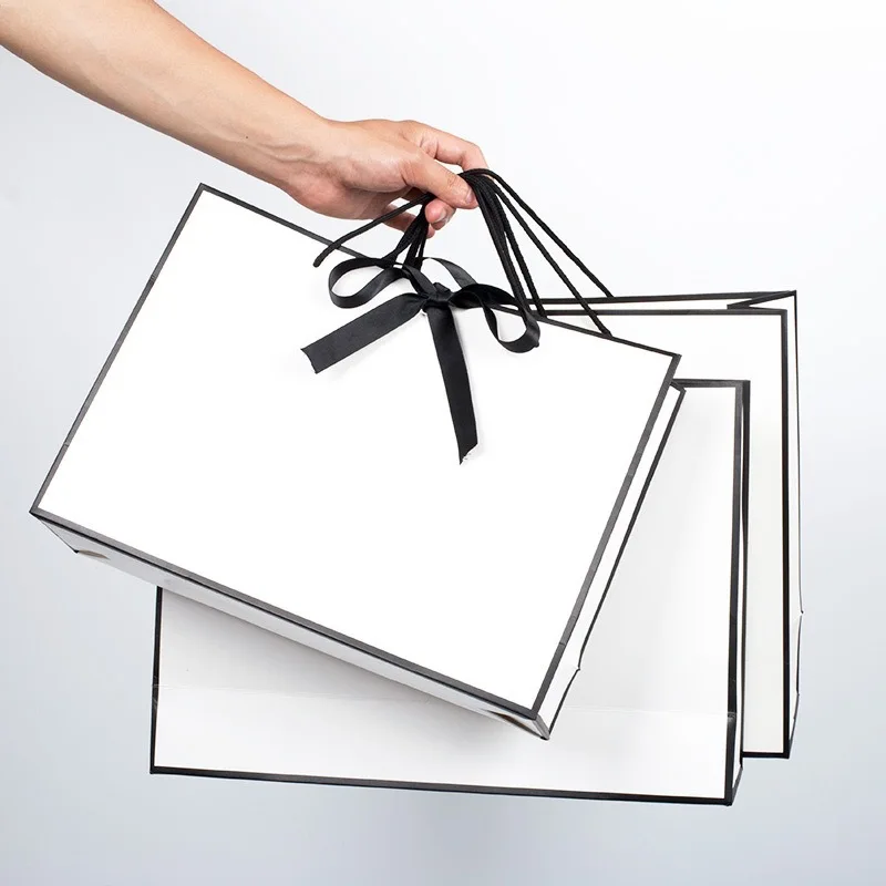 Luxury Large Gift Packaging White Paper Box With Black Border Shopping Bag Portable Tote Bags Bow Ribbon Dinner Party Supply DIY