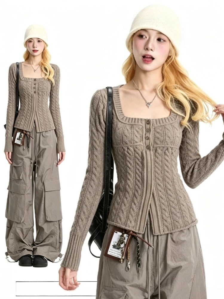 Korean Harajuku Subculture Gothic Sweater Women Knitted Slim Fit Pullovers Solid Color Casual Elegant Daily Chic Jumpers Tops