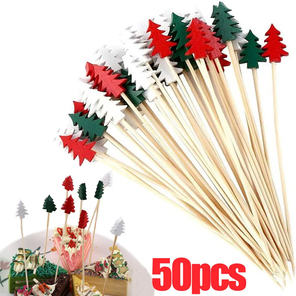 50 adet Noel Meyve Şiş Kürdan Tek Kullanımlık Noel Ağacı Kek Gıda Kokteyl Seçtikleri Hamburger Çubukları Doğum Günü Partisi Dekoru