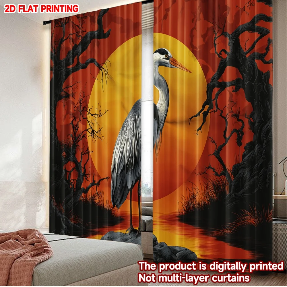 2pcs Heron Sunset Curtains  Digital Printing, Elegant Bird on Rock with Orange Sun Black Branches for Calm Living Room Decor