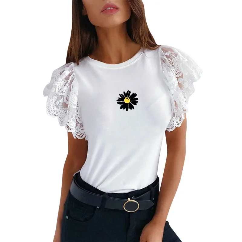 Women Ruffles Short Sleeve Tees Summer Lace Patchwork Slim T-Shirt 2023 Elegant Casual Solid Tops Ladies O Neck White Black Tops