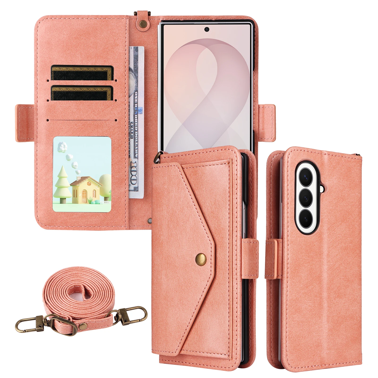 Crossbody Long Lanyard Flip Cards Solt Wallet Leather Phone Case for Samsung Galaxy Z Fold8 Ultra Shockproof Book Stand Cover