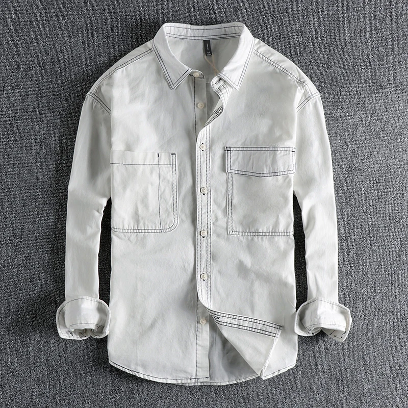 Vintage Style Men's Work Shirt with Detailed Stitching and Washed Cotton Fabric