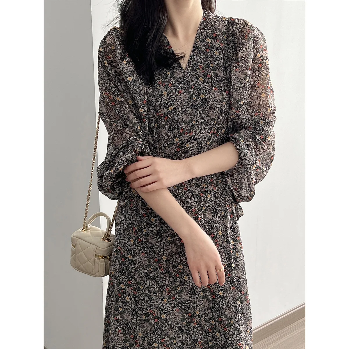 2024 New Women Floral Print Chiffon Long Dress V-Neck Puff Sleeve High Waist Women Summer Dress Vestidos Clothes For Women