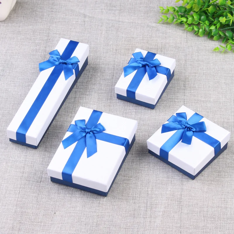 Newest 24pcs Cardboard White Box with Blue Bow Jewelry Boxes Package Box For Earrings Square Display Holder Gift Box