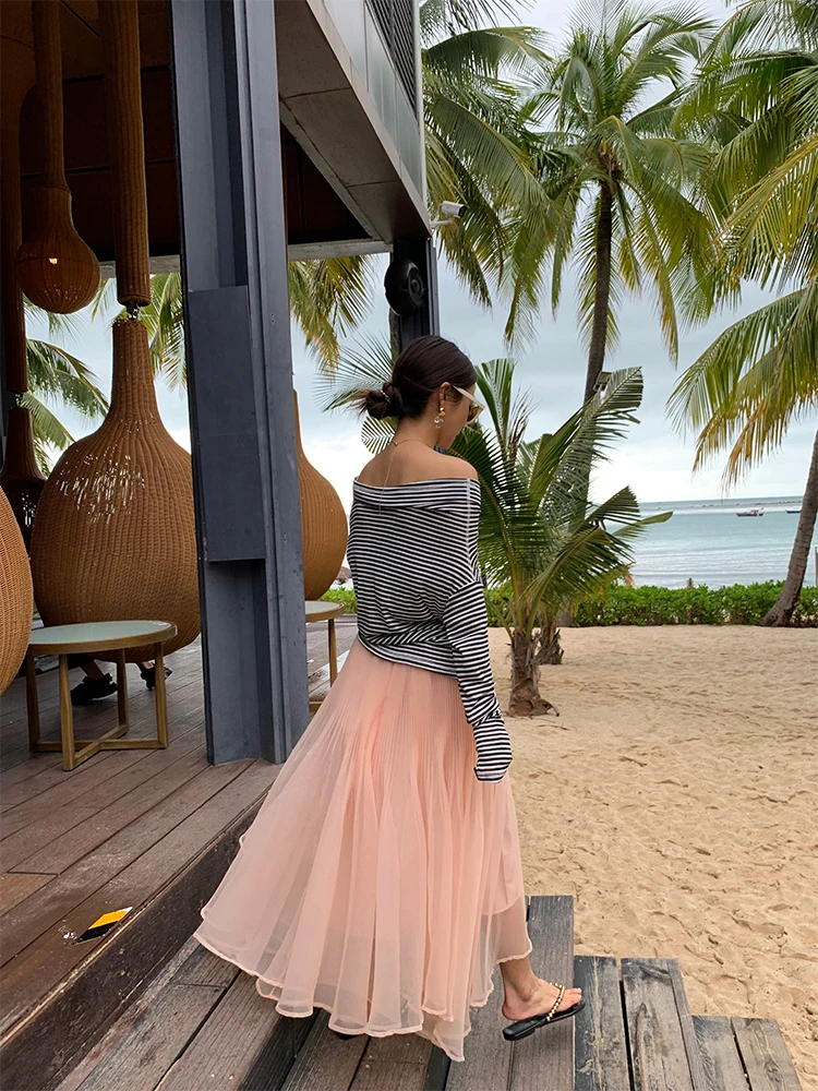 

Pink A-Line Skirt Elastic Waist Pleated Women's Spring 2025 New Sle Fre Sle High Waist Polyester Fiber Skirt