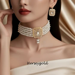 Morocco Style Handmade Pearl Necklace Set with Square Stone Choker Earrings for Bridal Middle East Wedding Accessory