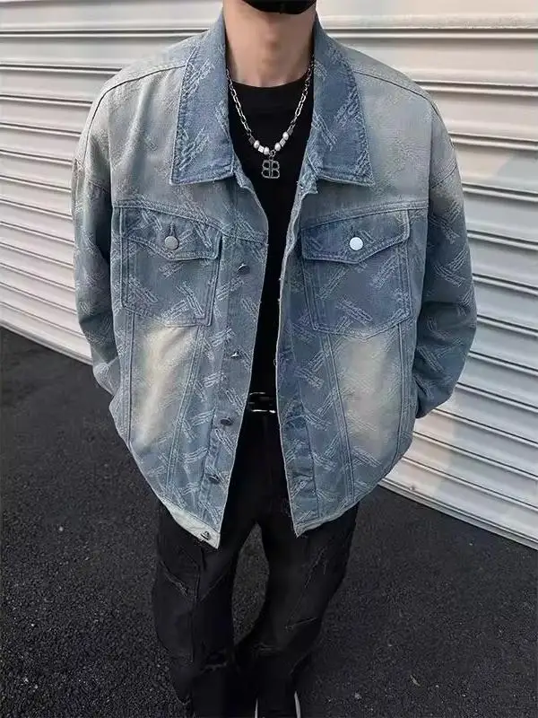 

Waed adual Color American High Street Men's Denim Jaet Spring Autumn Design Sense Premium Embroidery Collar Workwear Ja...