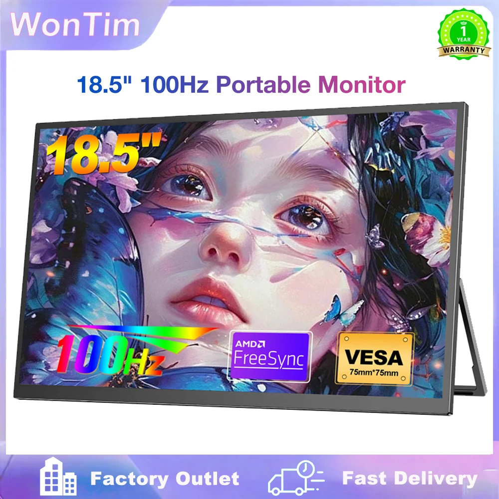 18.5inch Portable Monitor 100Hz RGB100% With VESA Hole & Back bracketfor Laptop PC Game Consoles Extended Display FreeSync HDR