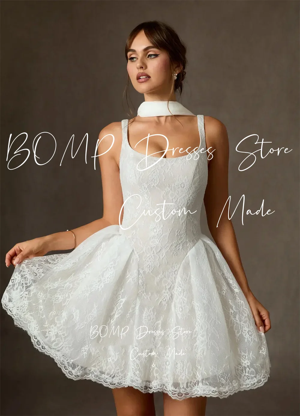 BOMP فساتين زفاف ساحرة بحزامين وفتحة رقبة واسعة دانتيل كامل بطول الركبة مع أوشحة طويلة مصنوعة حسب الطلب 2026 Vestido De Noival #3