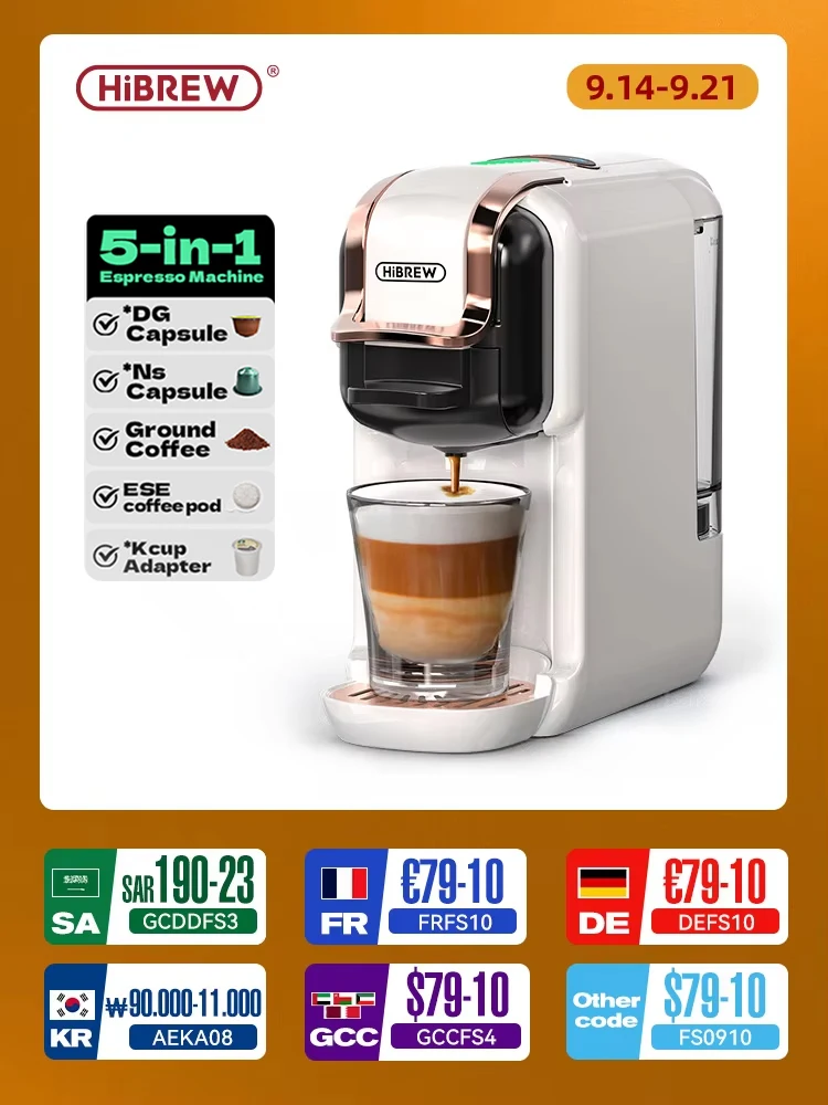 

HiBREW 5 in 1 Multiple Capsule Coffee Machine Hot/Cold DG Cappuccino Nes Small Capsule ESE Pod Ground Coffee Cafeteria 20Bar H2B