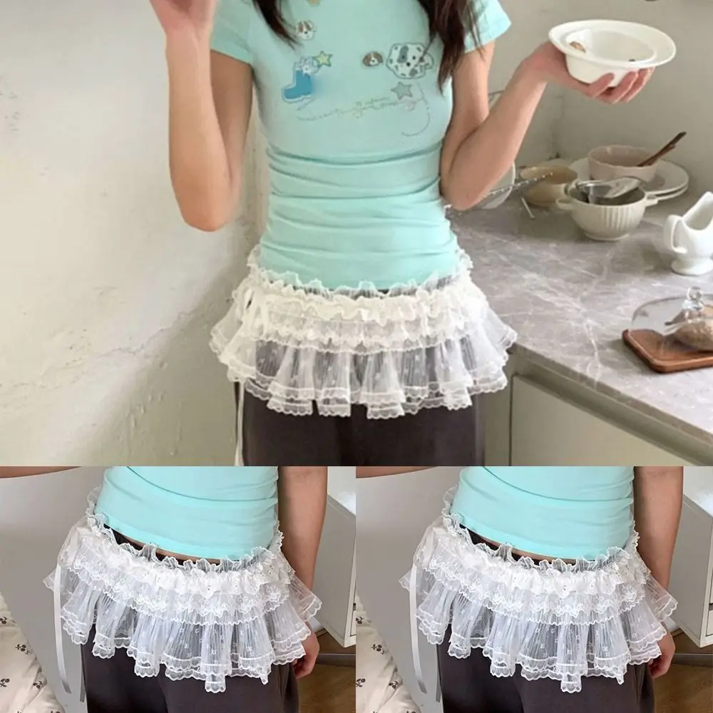 

New Embroidered Flower Lace Mini Skirt See Through Y2K Streetwear Lace Up Ruffles Skirt Harajuku Butt Curtain Jeans Decoration