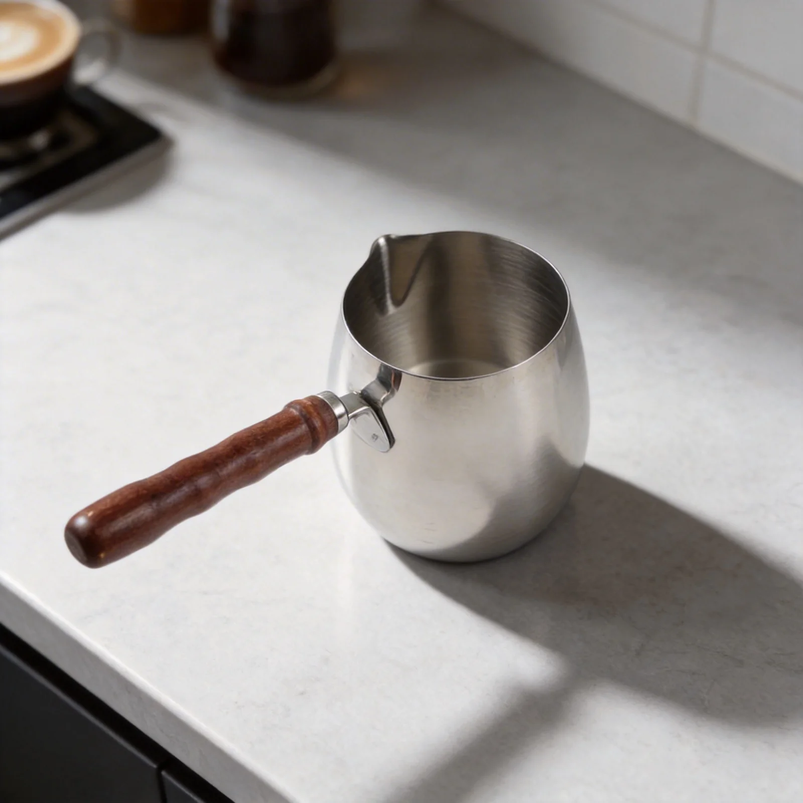 Turkish Coffee Pot for Frothing Milk Heating Sauce Melting Chocolate Made of Stainless Steel with Wooden Handle