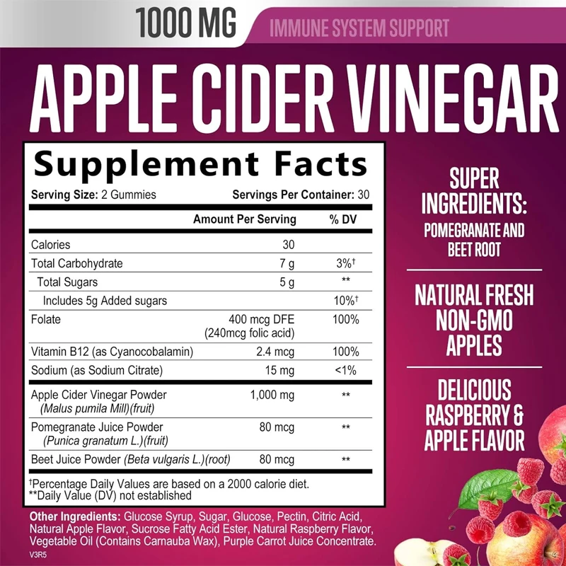 Vegetarian apple cider vinegar gummies 1000mg for detoxification and cleansing,natural apple raspberry flavor,non GMO-60 gummies