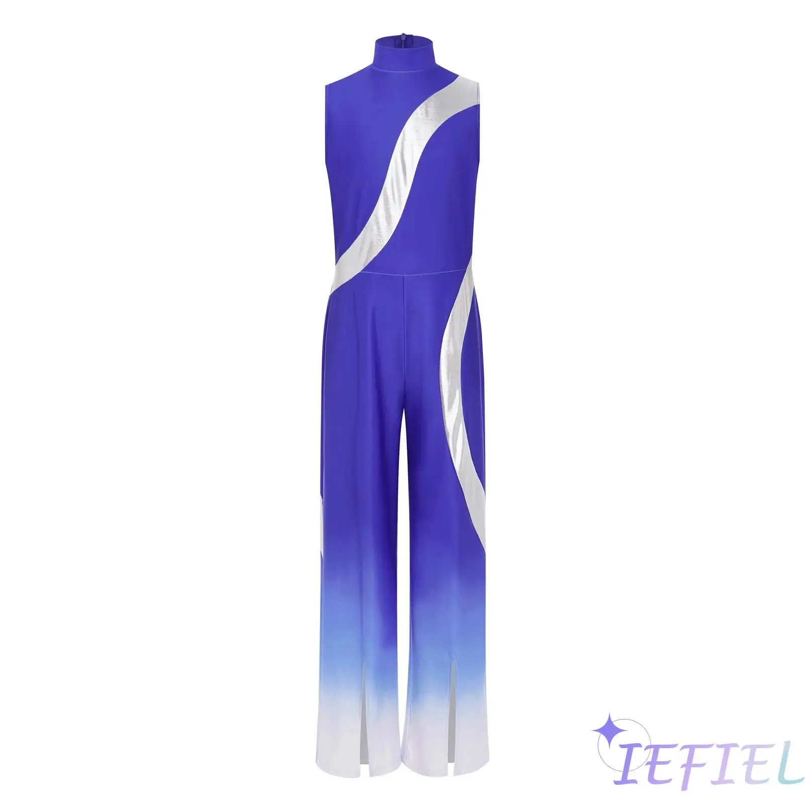 

Kids Boys Gymnastics Dance Jumpsuit Metallic Color Block Leotard Mock Neck Sleeveless Bodysuit for Dance Practice Performance