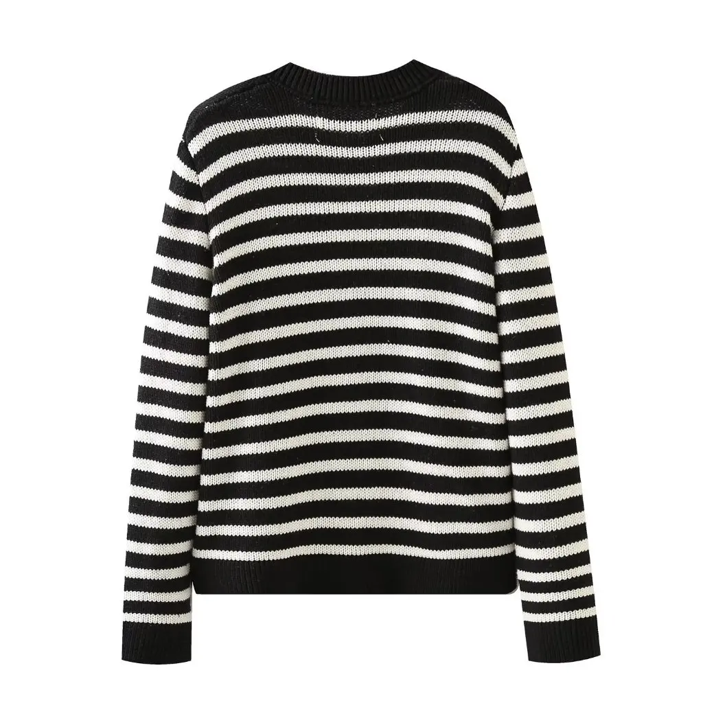 

Women's Elegant Striped Knitted Cardigan Light 23 Mature Fashion Top with Stand Collar And Contrast Color Buttons
