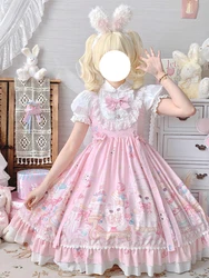 KIMOKOKM-Robe Sweet Lolita à col carré, imprimé chat, JSK, nœud en fibre de dentelle, volants, caraco girly