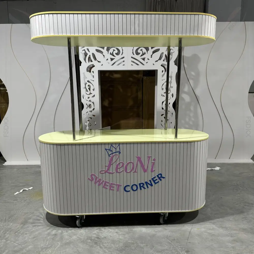 

FSDKX Wholesale White Candy Cart Party Cake Stand Candy Cart Dis With Wheels for Party Decor
