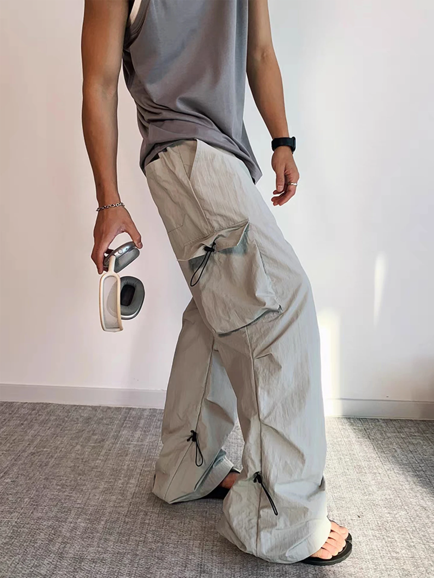 

Летние тонкие брюки Qui Dry Outdoor из ледяного шелка свободного покроя для мужчин с большими кетами и повседневными брюками на шнурке