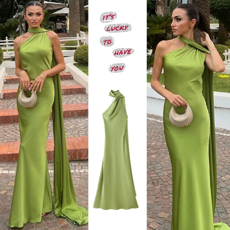 

AliExpress Cross-Border Trade European and American Style Women's Fashion Elegant Mature Backless Ribbon Halter Long Dress