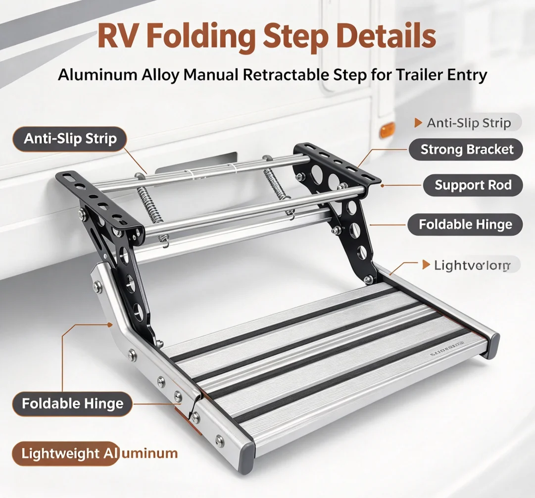 12V Manual RV Step Folding Camper Stair LED Light Strip 44cm Board Motorhome Caravan Trailer Entry Assist Outdoor Accessory