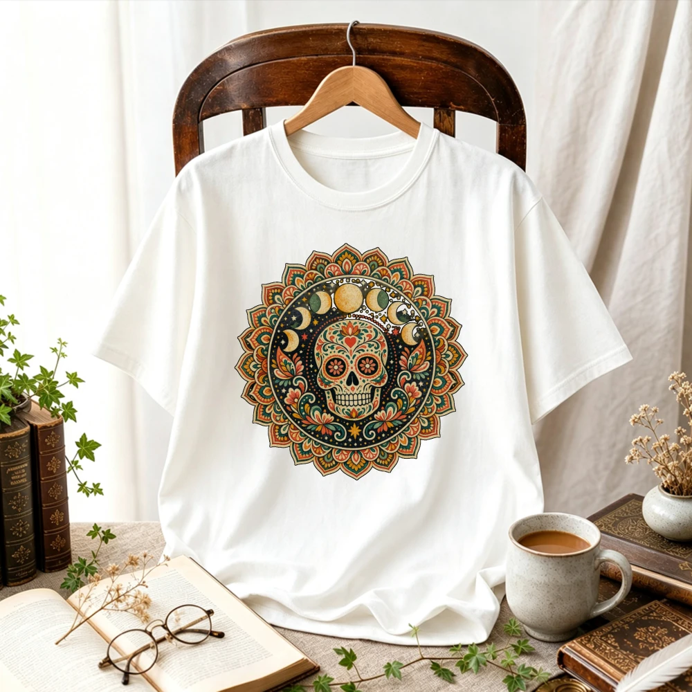 Dia De Los Muertos Sugar Skull Mandala Moon Phase Celestial Floral Mexican Folk Art Vintage Boho Graphic Cotton T‑Shirt Tops