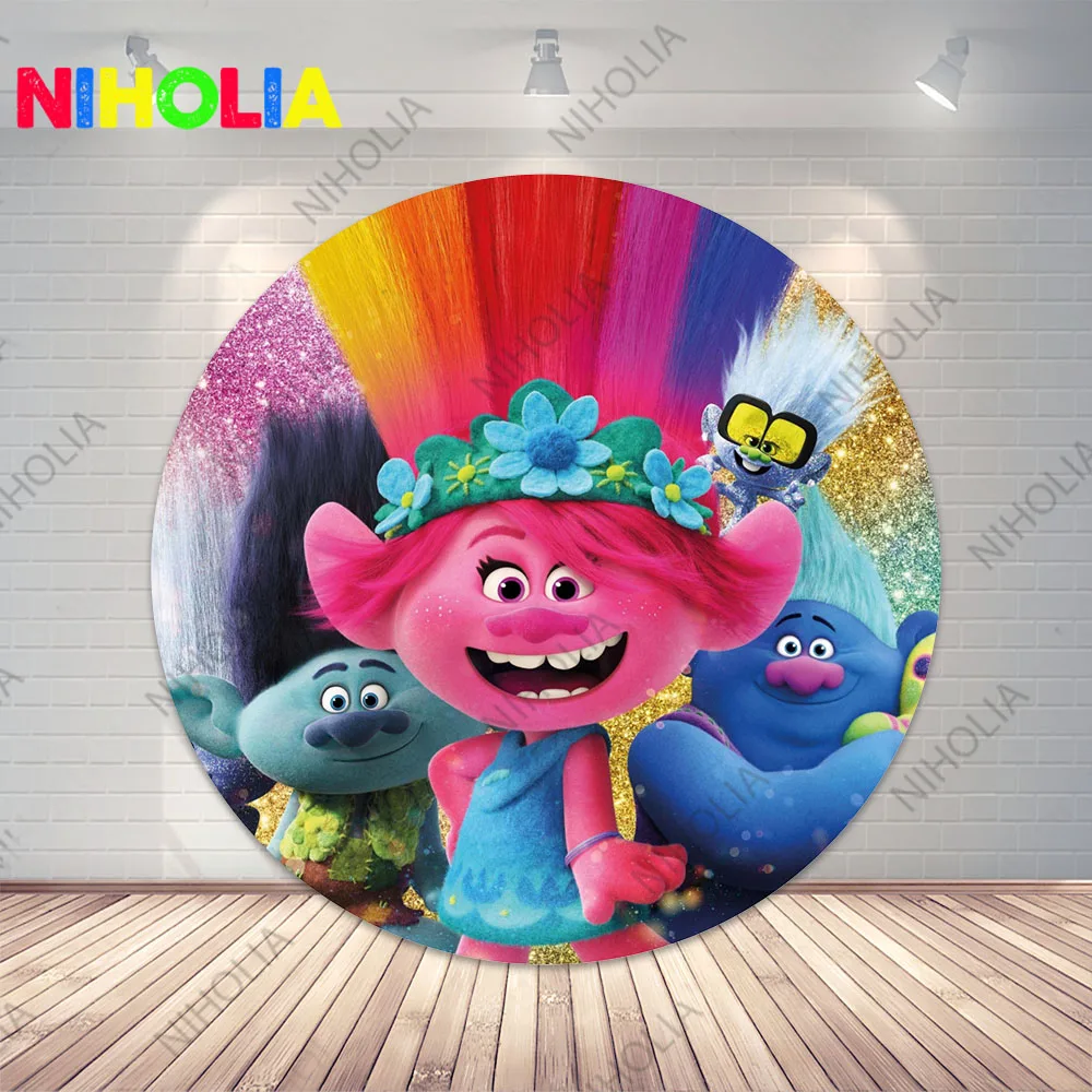 Trolls Poppy Round Backdrop Baby Shower Cylinder Covers Kids Birthday Party Decoration Photo Props For Cake Table