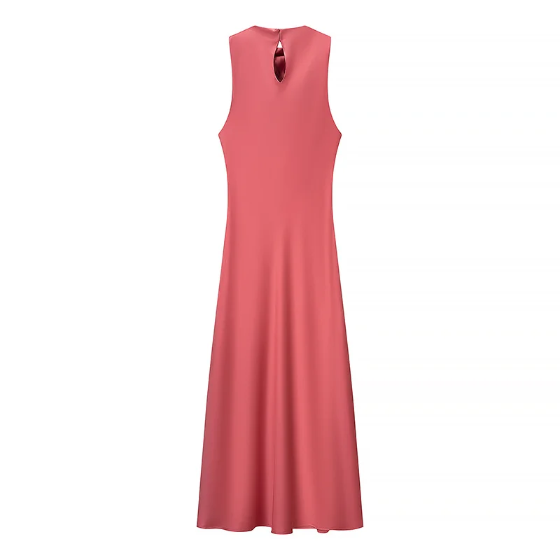 エレガントなシルクサテン素材のミディドレス JNLEAOG レディースファッションデザインセンス秋の新スタイルエレガントなピュアカラーウエストデザイン