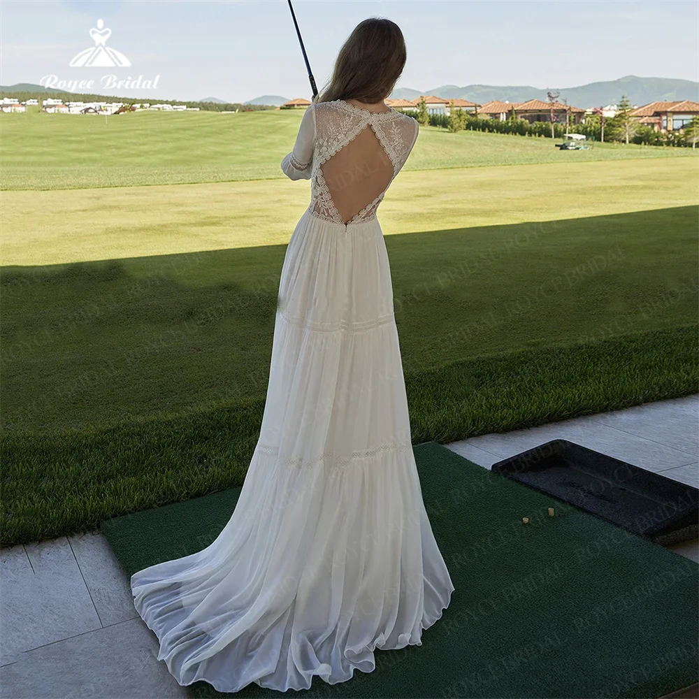 Vestido de noiva chiffon com uma linha, decote v, manga comprida, com apliques de renda, manga cheia, vestido de noiva, 2020