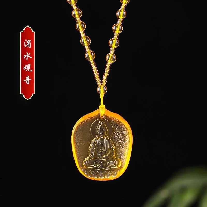 Chinese Yellow crystal Water Droplet Guanyin Bodhisattva Pendant Jewellery Fashion Hand-Carved Accessories DIY Women Man Amulet view 2