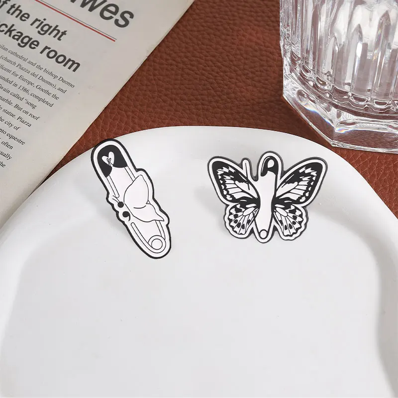 Black White Safety Pin Butterfly Enamel Pins Mental Health Brooches Lapel Badges Semicolon Jewelry Gift for Friends view 3