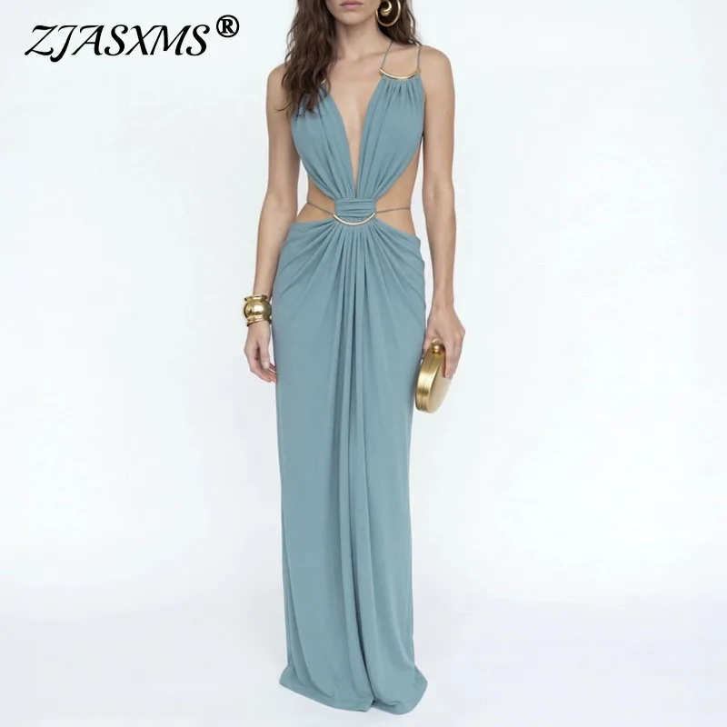 Robes longues bohèmes sexy à découpes et col halter avec chaîne métallique à la taille, robes de soirée unies pour femme, robes d'été sans manches pour la plage et les vacances