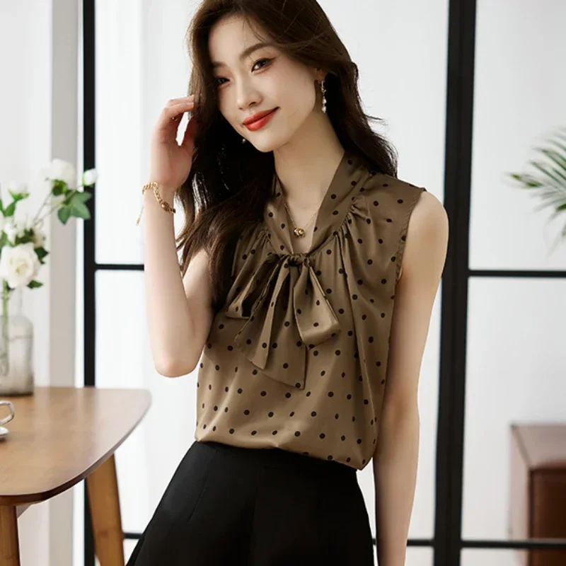 Lace Up Bow Satin Blouse Sleeveless Women Shirt Polka Dot Printing Shirts and Blouses Korean Fashion Woman Clothing Womens Tops