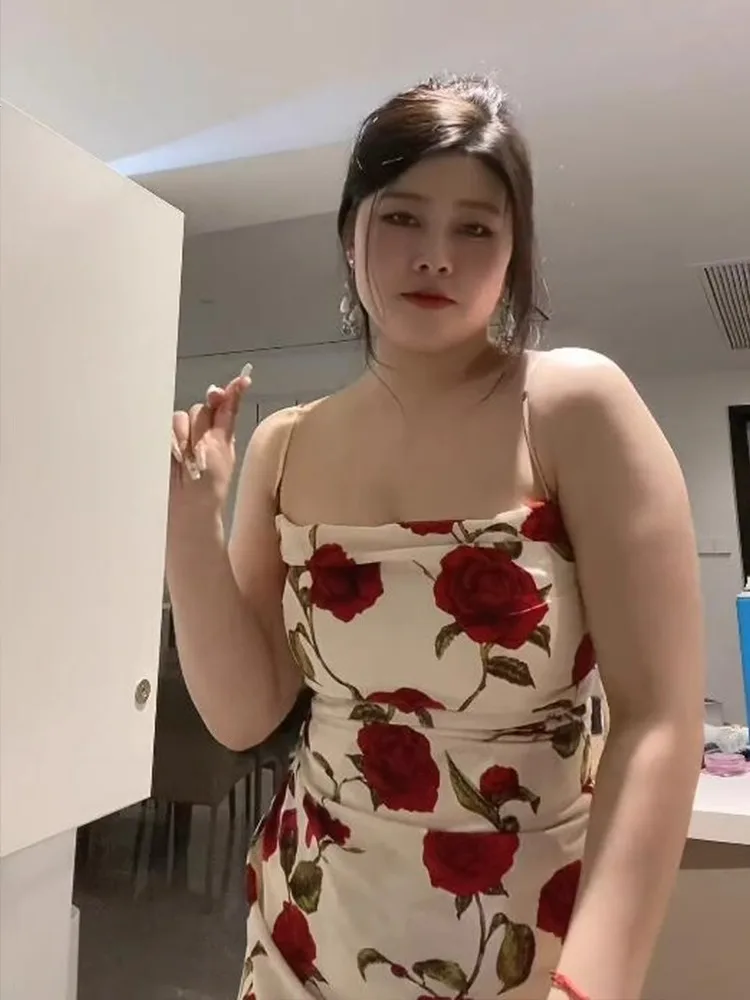 

plus Size Pure Desire Sexy Rose Strap Dress with New Color Slim Fit Open Cardigan Two Piece Set Fashionable Spring Outfit