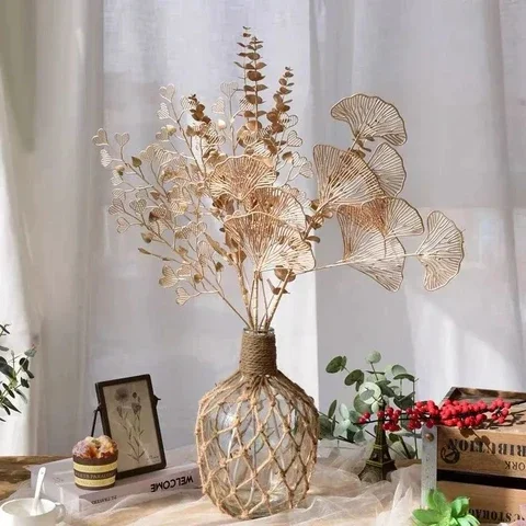 

Retro Artificial Plants Golden Ginkgo Biloba Bouquet Maple Leaf Fake Plants Living Room Decoration Wedding Flower Arrangement