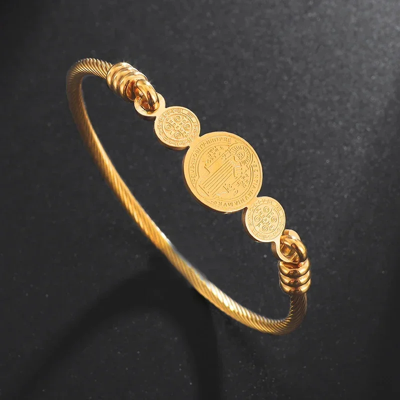 Pulsera clásica de acero inoxidable con cruz de San Benito y Jesús para hombres y mujeres, joyería cristiana, pulsera católica de San Benito