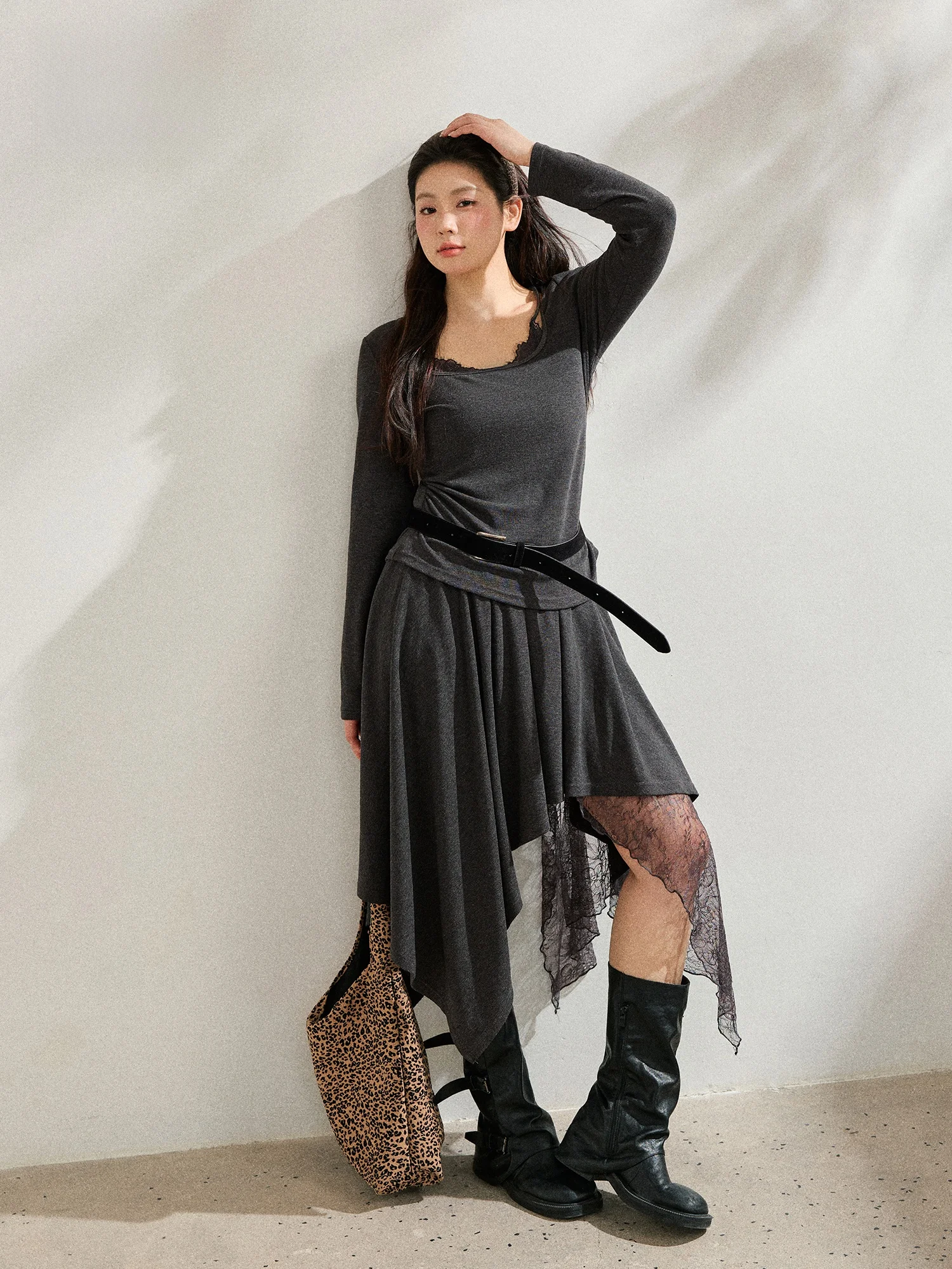 

plus Size Women's Spring Lace Splice Slimming Sweet And Spicy Bla And ey f Skirt Set High Waist Casual Sle U-Ne Lo...