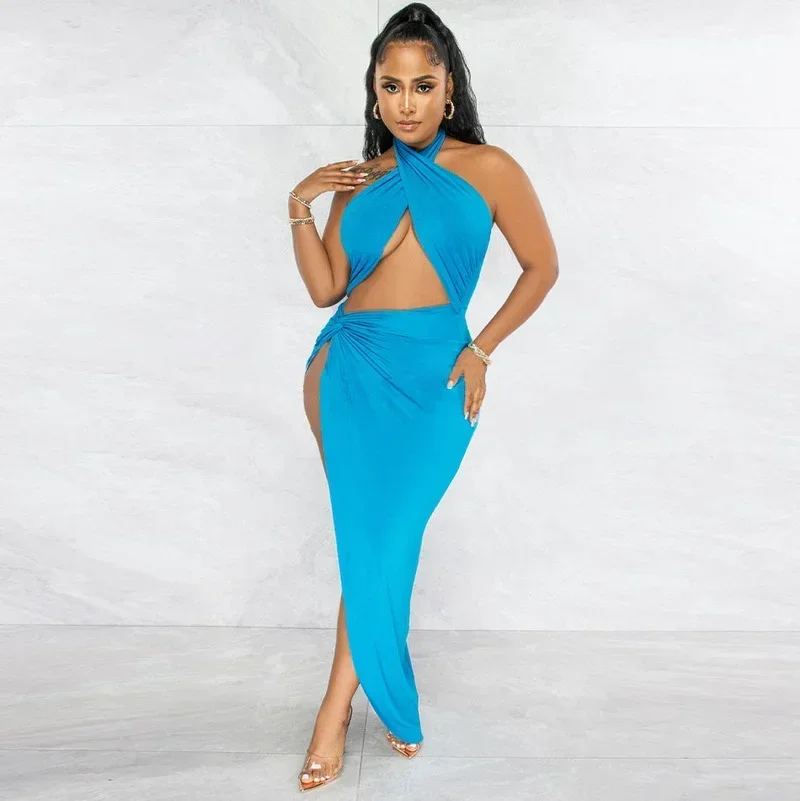 

GUWU Halter Neck Backless High Side Split Maxi Long Beach Women Dress Summer Sexy Party Club Midi Pencil Vestido Dresses