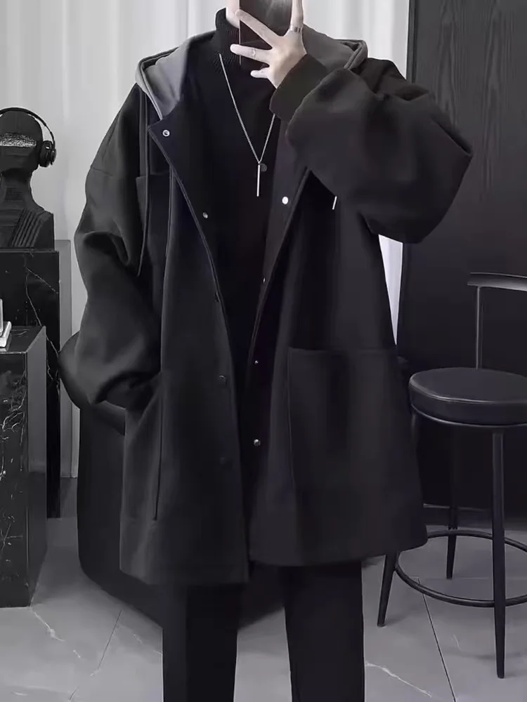 

Thiened Cotton Flannel Men's Coat Autumn Winter Season Warmth Anti-Cold Hooded Mid-Length Fake Two-Piece Sle Casual Faion